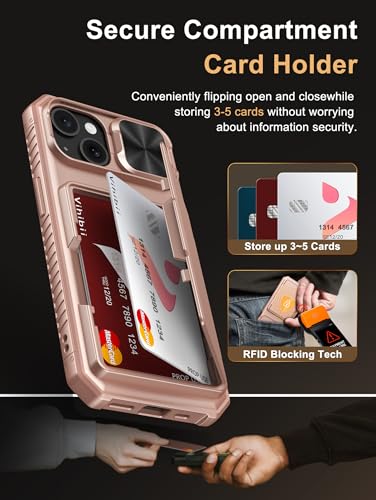 Image of Vihibii for iPhone 15, iPhone 14, iPhone 13 Back Cover Wallet with Card Holder (4 Cards) [RFID Blocking] & Slide Camera Cover & Raised Edges Protect Screen, Shockproof Rugged Case, 6.1 inch, Rose Gold