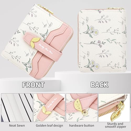 Image of Farcauo Cute Pink Flower Wallet for Women Small Kawaii Coin Purse with ID Window Compact Lightweight and Stylish Design Cash Wallet for Ladies