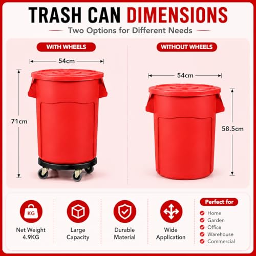 Image of 20 Gallon Outdoor Trash Can with Lid and Wheels, 1 Pack-Red | Garbage Can with 4 Wheels, Rolling Trash Can for Garage / Backyard / Kitchen / Patio / Office / Cafe / Warehouse