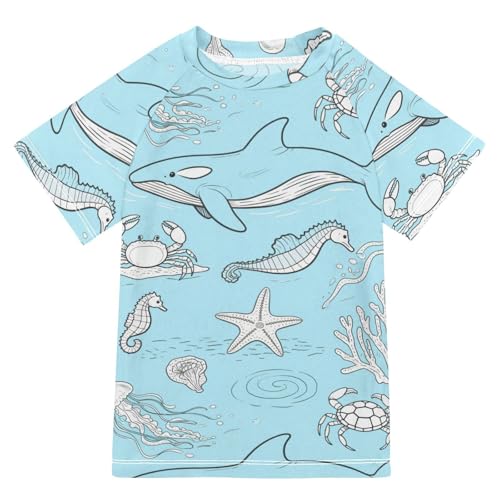 Baby Blue Underwater Animal Whale Jellyfish Short Sleeve Boy Bathing Suit Swimsuits for Kid Girls Rash Guard Swimsuit for 3-12 Years Traje de Banos para ninas