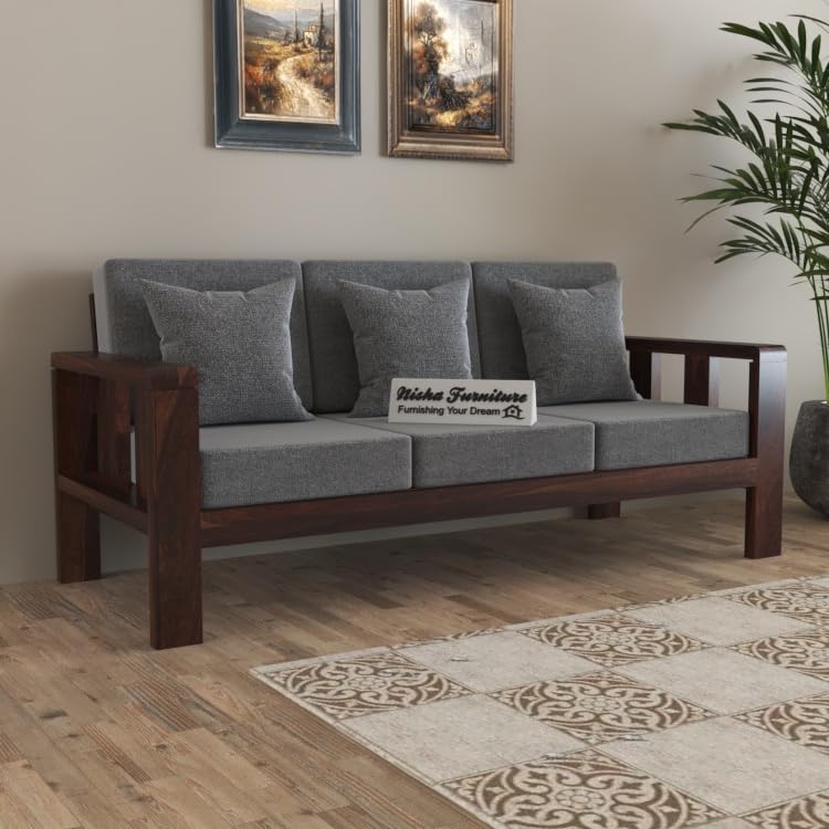 Image of Solid Wooden 3 Seater Sofa for Living Room & Home Furniture | Sheesham Wooden Sofa Set 3 Seater Sofa in Walnut Finish