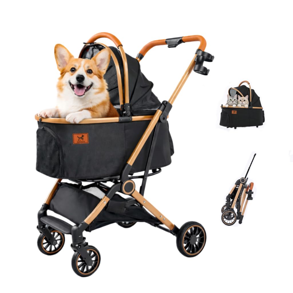 Dog Stroller with Detachable Carrier, Luxury 5 in 1 Pet Stroller for Small Dogs & Cats, Lightweight Foldable Cat Stroller with 360° Rotating Wheels, Travel Friendly, Detachable Pet Car Seat