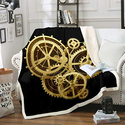 Loussiesd Industrial Sherpa Blanket Golden Gear Fleece Throw Blanket for Kids Boys Adults Steampunk Style Plush Blanket Mechanical Gearwheel Fuzzy Blanket for Sofa Bed Couch 60x79Inch