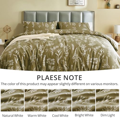 MUXHOMO Duvet Cover Full Size, Reversible Floral Olive Green Duvet Cover Set with Zipper Closure, 3 Pieces Botanical Patterns Soft Microfiber Bedding Set with 4 Ties (80"x90", 2 Pillow Cases)