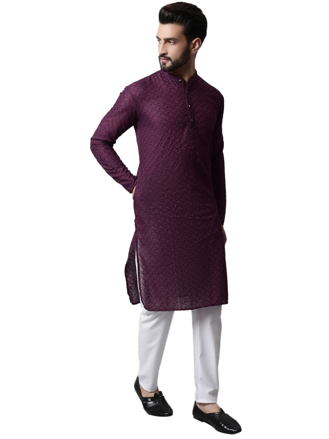 Jompers Men Purple And White Embroidered Kurta With Churidar (Purple, S)