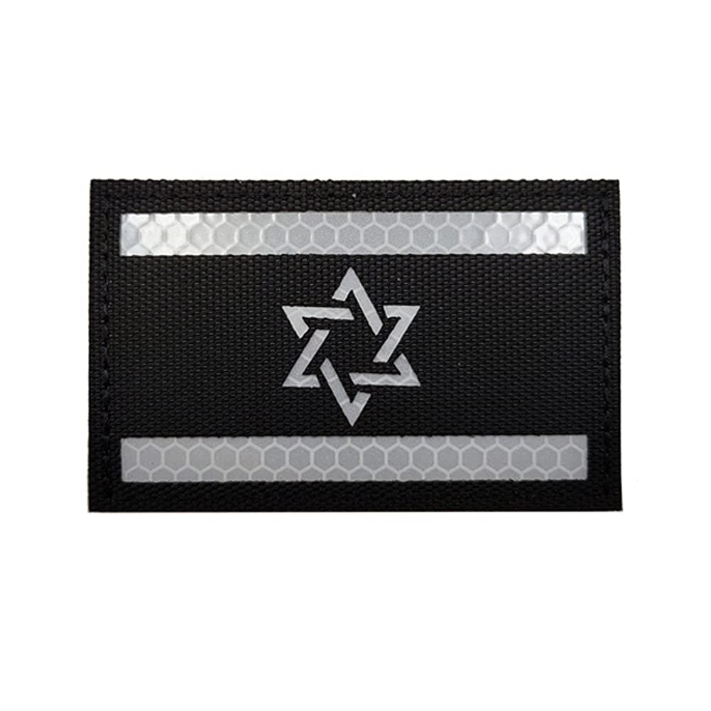 Israel Flag Reflective Patch Tactical Israeli IL Military IR Morale Armband Patches Loop Hook Sew on Badges Applique Shoulder Fastener Backing for Clothing Backpack Coat Vest (Black White)