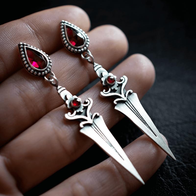 Vintage Gothic Dagger Stud Earrings Unique Punk Ruby Dagger Dangle Earrings for Women Halloween Party Jewelry - Image 6