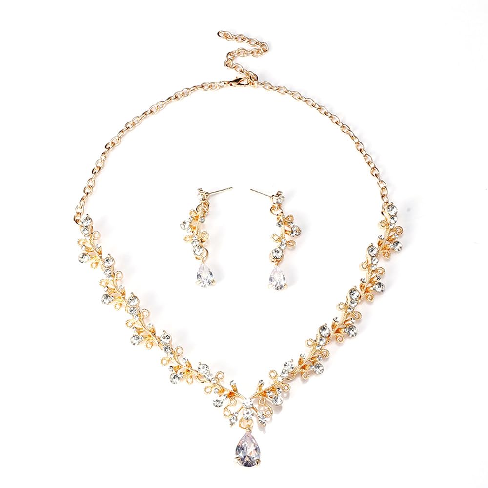 HSAJS Juego de Joyas para Novias, Conjunto Collar y Pendientes Plata y Oro Colgante Zirconia Cristal Conjunto de Joyería para Mujeres y Niñas Boda