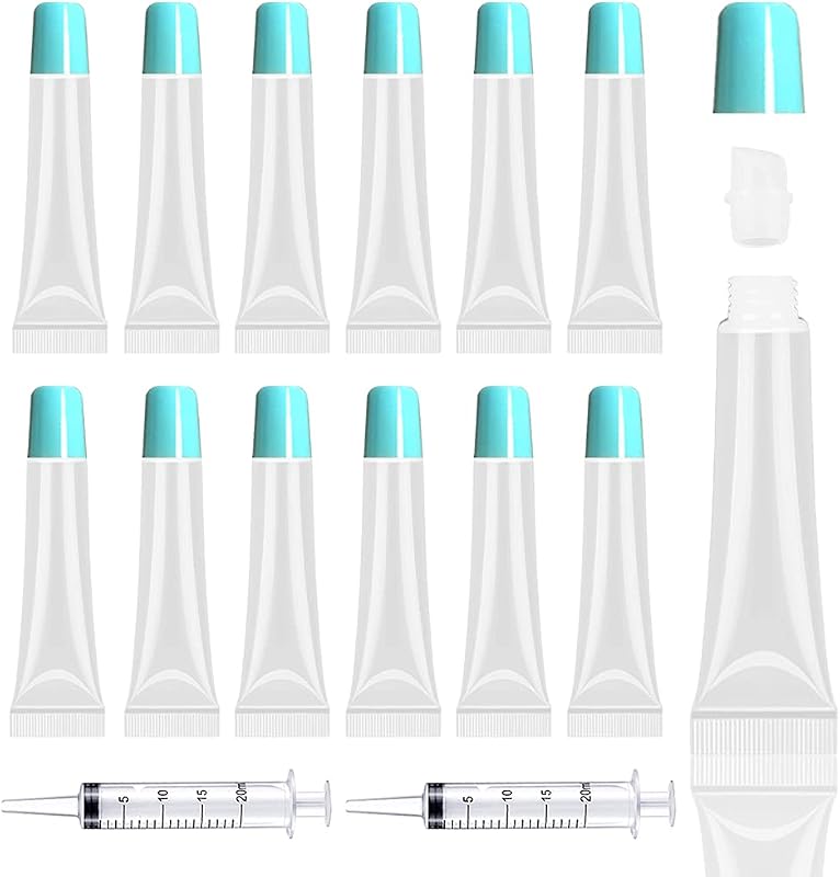 AMORIX 50 tubos vazios para gloss labial de 15 mL com tampa azul, 2 seringas e etiquetas