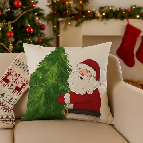 Image of PSDWETS Christmas Pillow Covers 18x18 Inch Set of 4 Christmas Decorations Santa Claus Snowman Pillows Winter Holiday Throw Cushion Case for Couch Sofa