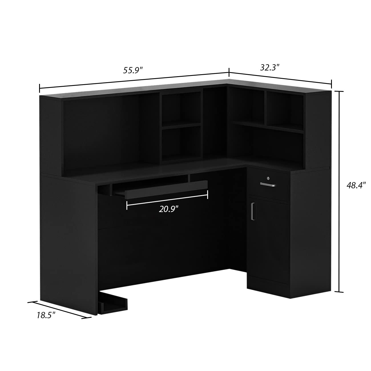 Banco reception, banco reception, tavolo da reception con vassoio per computer e ripiano rimovibile, banco reception con 1 cassetto e 1 armadio, banco reception, MDF, 140 x 80 x 120 cm