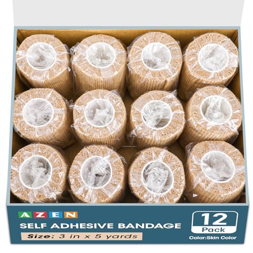 Image of AZEN 12 Pack Self Adhesive Bandage Wrap, 3 inch X 5 Yards Elastic Cohesive Bandage Wrap, Vet Wrap, Ankle Tape, Tattoo Grip Tape Wrap, Skin Color Athletic Tape