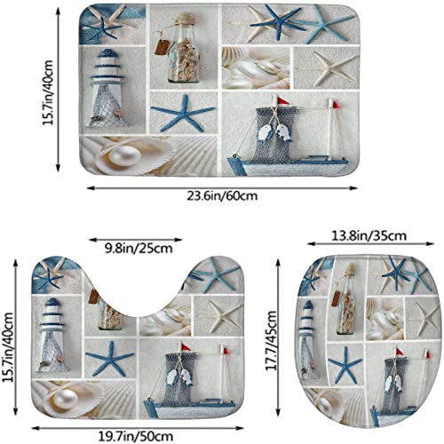 Badezimmerteppich-Set, 3-teilig, Collage aus Sommer-Seesternen, waschbarer Badeteppich, rutschfest, mit Rückenpolster, Konturteppich und Toilettendeckelbezug – Bild 3