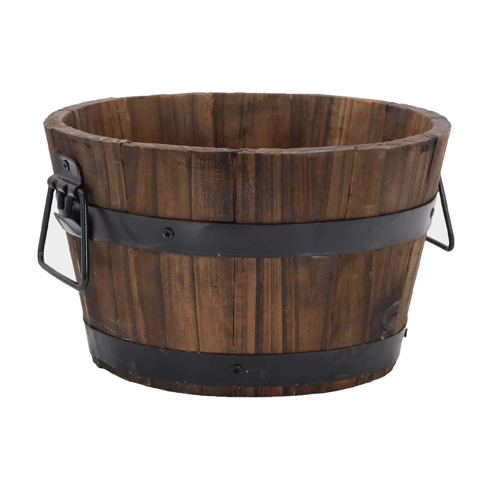 Shopior Pack Of 1 Rustic Round Burnt Wood Whiskey Barrel Planter – Outdoor Wooden Garden Plant Pot With Handles – Weatherproof Flower Tub With Drainage – Decorative Patio & Balcony Planter (24Cm 9Inch 1Pack)