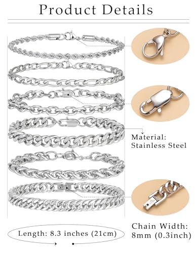Akeoqi 6Pcs Chains Bracelets for Men Women 8mm Stainless Steel Cuban Figaro Twist Rope Paperclip Keel Link Chain Bracelet Sets Jewelry Gifts for Dad Boyfriend Husband 7.5/8.3/9 Inches Silver Tone2