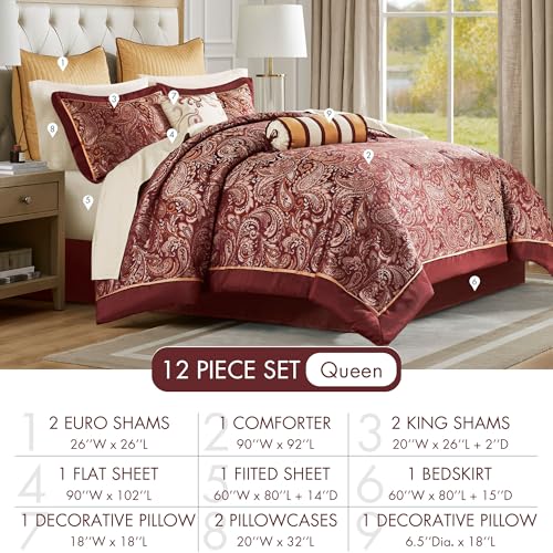 Image of Madison Park Aubrey Cozy Comforter Set, Faux Silk Jacquard Paisley Design - All Season Down Alternative Bedding with Cotton Bed Sheets, Bed Skirt & Toss Pillows, Queen Red 12 Piece