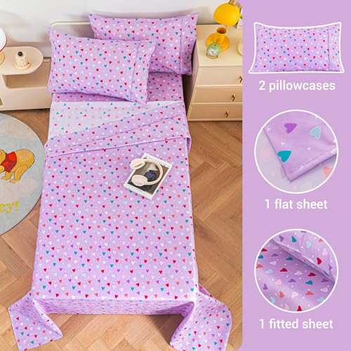 Image of Viviland 4 Pieces Girls Purple Full Sheet Set - Soft Microfiber Fitted Flat Sheets & Pillowcases - Colorful Hearts Printed Bedding Sets - for Kids & Toddlers