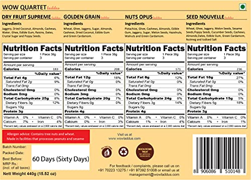 Image of WOW Laddus - WOW Quartet Laddus | 440 Grams Pack of 12 | Infused with Pure Ghee | Nutritious & Healthy Tasty Laddoo Gift Pack | Natural Jaggery Sweetened | No Added Preservative