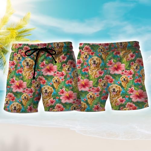 Golden Dog Men's Swim Trunks - Hawaiian Dachshund Mens Swim Trunks with Mesh Lining Swimwear Bathing Suits Set 032