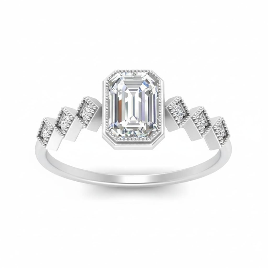 Choose Your Gemstone Bezel Set Emerald Accented Diamond CZ Ring Rose Gold Plated Emerald Shape Side Stone Engagement Rings for Women, Girls and Ladies US Size 4 to 12
