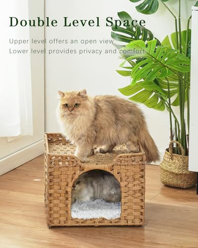 Cat Beds Indoor Kitten House, Handwoven Rattan Cat Cave Pet Cube, Large Cat Houses, One Bed Mat, Foldable, Hideaway, 16.5x16.5x13.2 Inches, 2 S-Shaped Hooks in Living Room Bedroom Natural - Image 3
