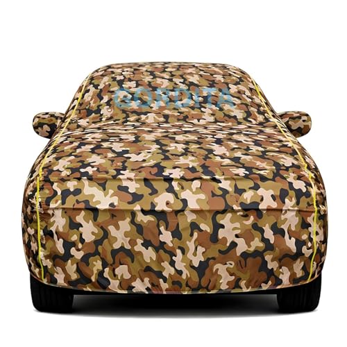 Image of Waterproof Car Body Cover for C3 All Weather Protection Comes with Inner Cotton Lining & Triple Stitched with Mirror & Antenna Pocket Belt & Elastic Fit Army with Yellow Piping2