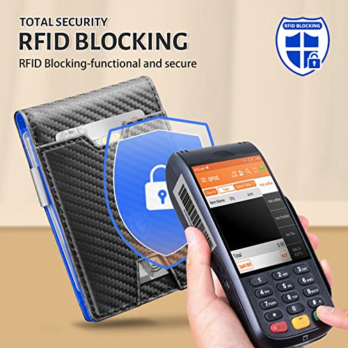 GSOIAX Men's Slim RFID Blocking Leather Wallet with Money Clip | Minimalist Carbon Fiber Bifold Credit Card Holder | 11 Card Slots | Gift Box Included(Carbon Blue)4