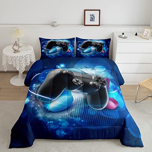Erosebridal Full Size Bed Set,Gaming Comforter Sets for Boys Gamer Bedding Sets for Boys,Toddler Bedding Set Gaming Bed Kids Comforter Sets Boys,Blue