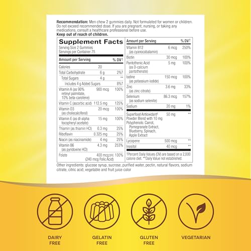 Nature's Way Alive! Men's Multivitamin Gummies, Supports Energy Metabolism*, Muscle Function*, Superfood Antioxidants(1), B-Vitamins, Vegetarian, Fruit Flavored, 150 Gummies (Packaging May Vary)