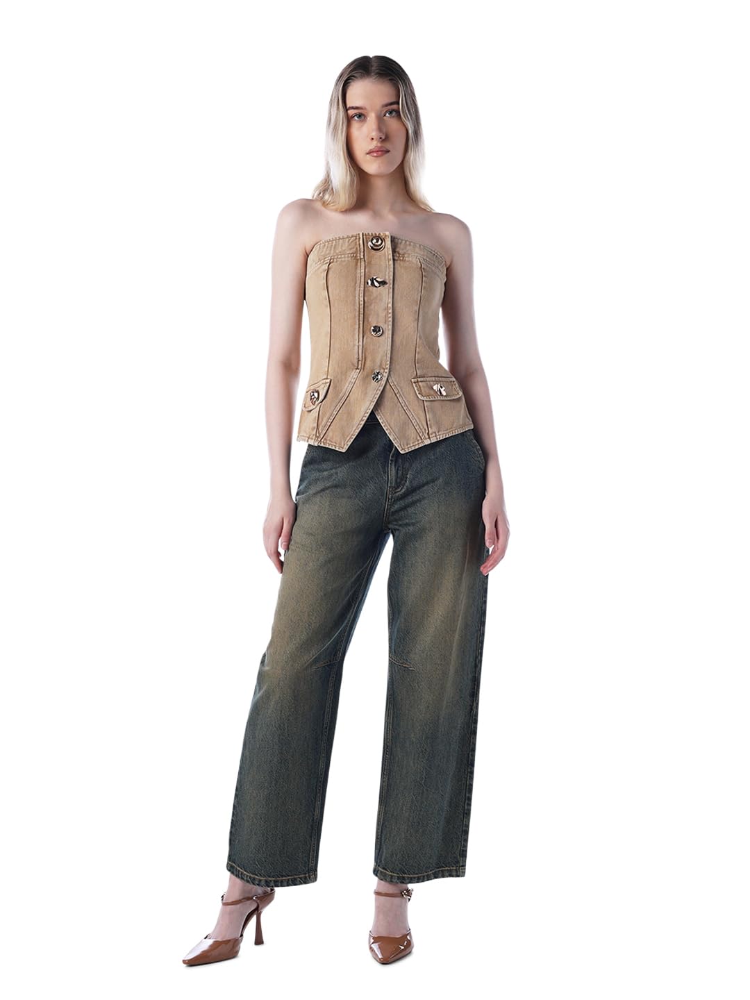only Women's Solid Slim Fit Brown Waistcoat-picture-24