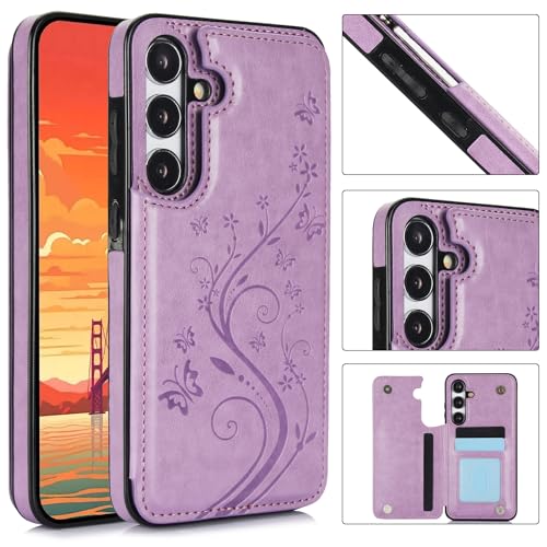 Asuwish Phone Case for Samsung Galaxy S24 5G with Tempered Glass Screen Protector Card Holder Wallet Cover Stand Flip Leather Cell Accessories Glaxay S 24 24S GS24 G5 2024, 6.2 inch Women Men Purple