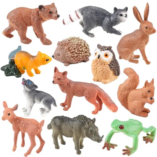 AENIMELY 12 figuras de animais da floresta, animais da selva, figuras de animais de urso de aniversário, decoração de festa, presente para crianças