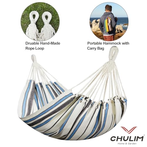 Image of CHULIM Brazilian Double Hammock with Tree Straps,Extra Large 94x63IN,2 Persons Hammock for Backyard Patio Outdoor and Indoor,450lbs Weight Capacity,Soft Woven Cotton Fabric - Blue Stripe