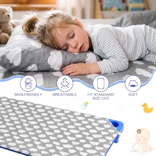 Image of Peryiter 12 Pcs Cot Sheets for Daycare, Standard Size 24 inch x 51 inch Toddler Nap Mat Sheets with Cute Pattern & Corner Elastic Loops, Breathable Fitted Cot Crib for Preschool Kid Boy Girl (Cloud,Gray)