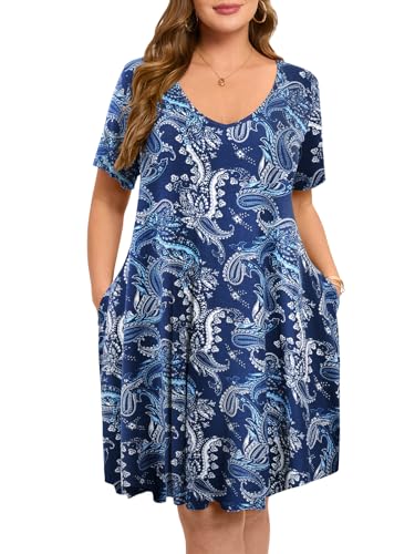 Image of ZENNILO Women's Plus Size Swing Dress with Pockets Casual Summer Dresses V Neck Short Sleeve T Shirt Dress for Women
