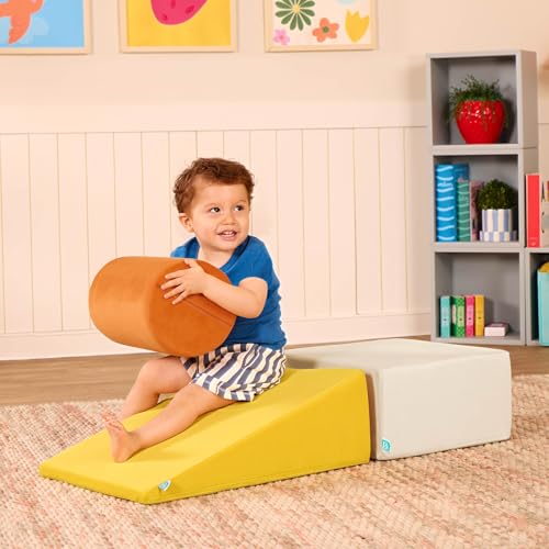 Image of B. toys WonderShapes Foam Climbing Blocks, 3-Piece Soft Play Set, Ramp Foam | Includes 1 foam cylinder, 1 ramp, and 1 block with easy-grip handles, machine-washable covers, indoor play, 1+ Years