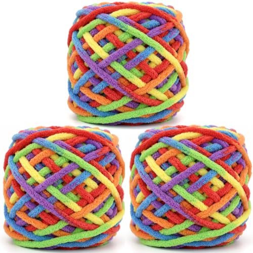 Image of Chunky Chenille Yarn for Crocheting,Bright Rainbow Fluffy Velvet Plush Yarn Thick Soft Chunky Chenille Yarn Baby Blanket Yarn for Crocheting Knitting Beginners 3 * 100g(Bright Rainbow 02)