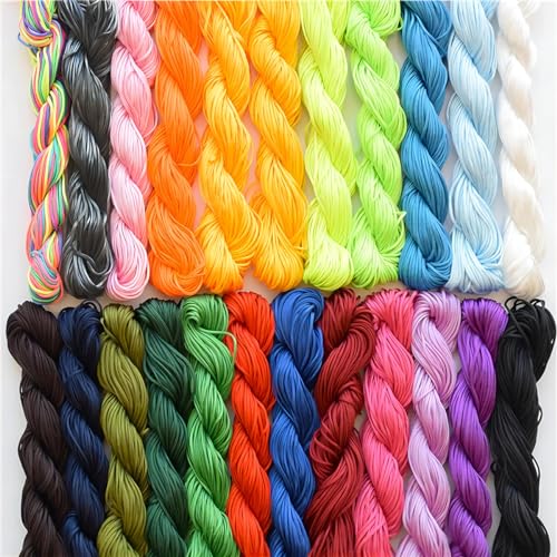 WWYSSZ 20 Piezas Cordón de Nylon 1mm Hilo de Anudado Chino Encerado Macrame para Pulseras Rattail Cuerda de Seda, para Tejer Collares,Cuentas, Manualidades,Accesorios para Hacer Joyas,25 M Cada Color