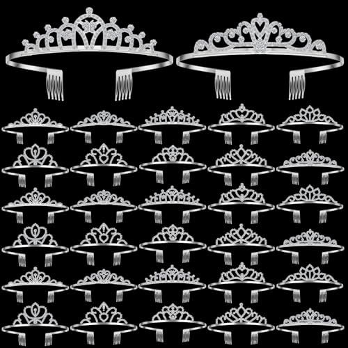 Lyrow 30 Pcs Tiara Crowns for Women Bulk Elegant Princess Rhinestone Crown with Combs Crystal Queen Tiaras with Comb Headband Silver Princess Tiaras for Birthday Wedding (Delicate Style)
