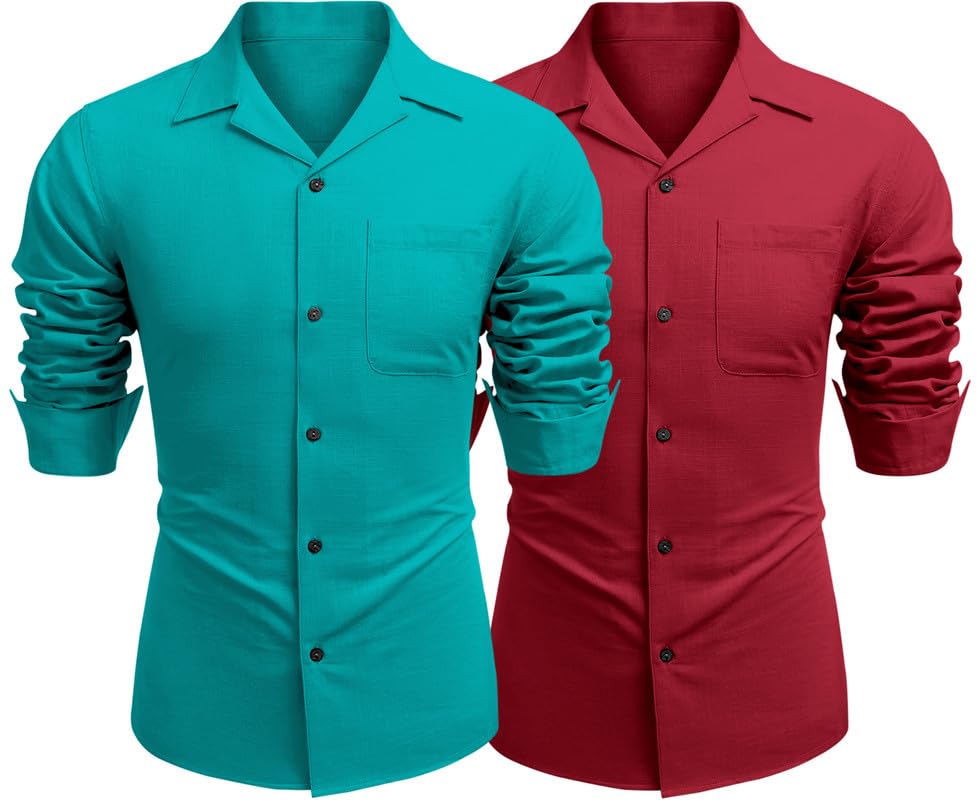 Image of Combo of Men's Casual Cotton Blend Shirt || Long Sleeve Button Down with Spread Collar | Lightweight Breathable Fabric | Stylish Solid Shirt for Beach, Office & Everyday Wear Pack of 2