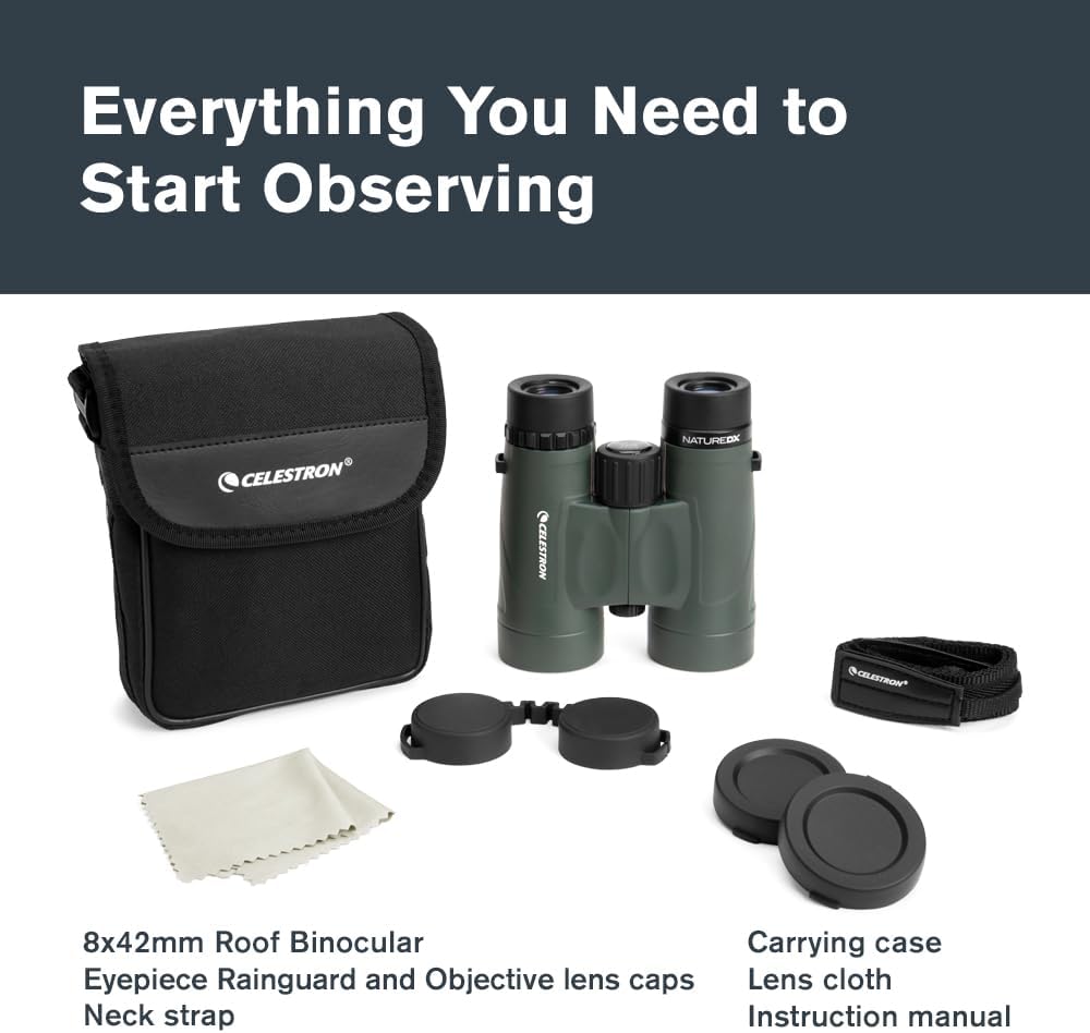 Celestron - Nature DX 8x42 Binoculars – Ideal for Birding and Outdoors – 42mm Objective Lenses – Wide 7.4° Field of View – BaK-4 Prisms – Fully Multi-Coated – Waterproof and Fogproof