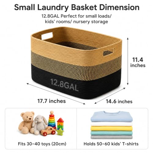 Image of 12.8GAL Kids Stuffed Animal Toy Storage Organizer, Cute Mini Nursery Laundry Basket for Baby Girls Boys Dirty Clothes, Picture Books, Small Cotton Rope Wicker Hamper for Bathroom Towels Khaki Black