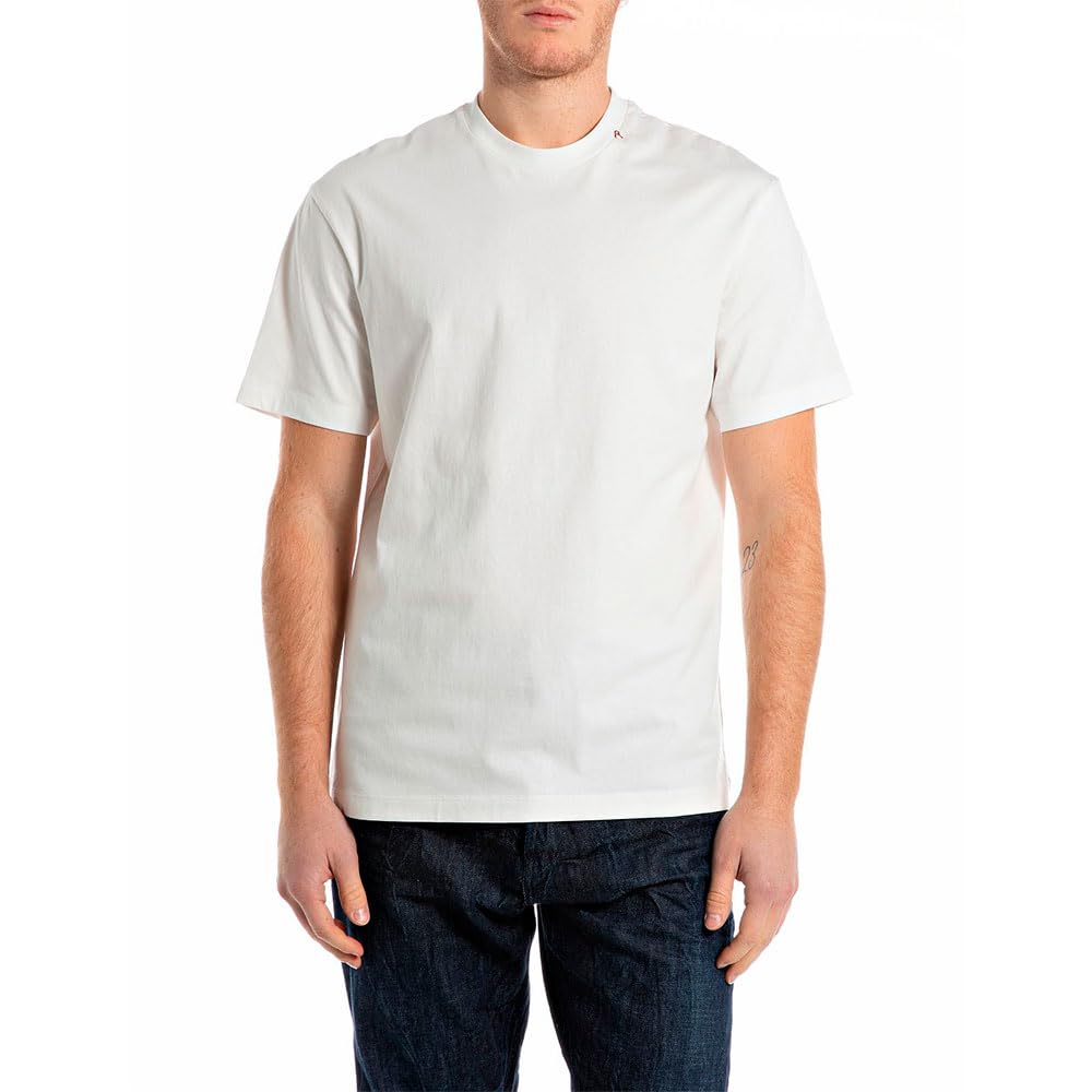 REPLAY Męski t-shirt z bawełny o luźnym kroju, 011 Natural White, XL