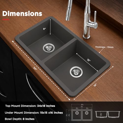 Image of Carysil DOLCE UK Quartz Kitchen Sink 34 x 20 x 8 inches, Single Bowl, 80% Quartz & 20% Resin, Heat Resistant 300C, 50kg Load, Scratch & Stain Resistant, Granite Sink, 304 SS Coupling - Whisper Grey