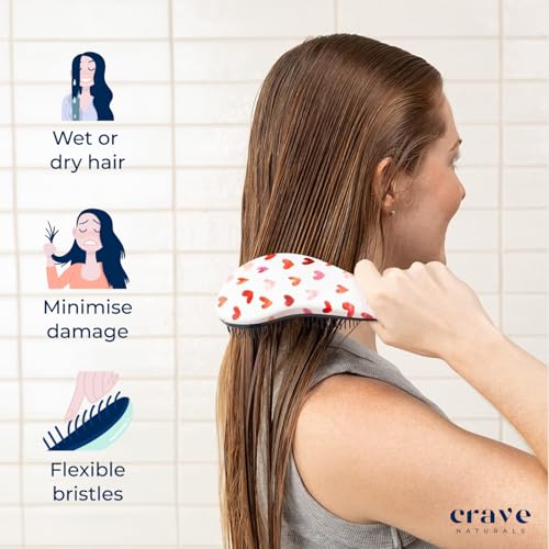 Crave Naturals Glide Thru Hair Brush - Detangler Brush for Curly, Straight, Wet or Dry Hair - Gentle Detangling Brusheses for Adults, Kids, Toddlers - Hair Accessories for Women, 7.5"x3" - Pink Hearts