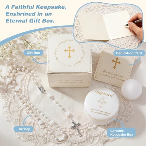Image of NORBU Baptism Gifts for Girl, My First Rosary with Ceramic Keepsake Box, Rosary for Kids, First Communion & Baby Dedication Gifts for Newborn Baby Boys Catholic Christening Gift