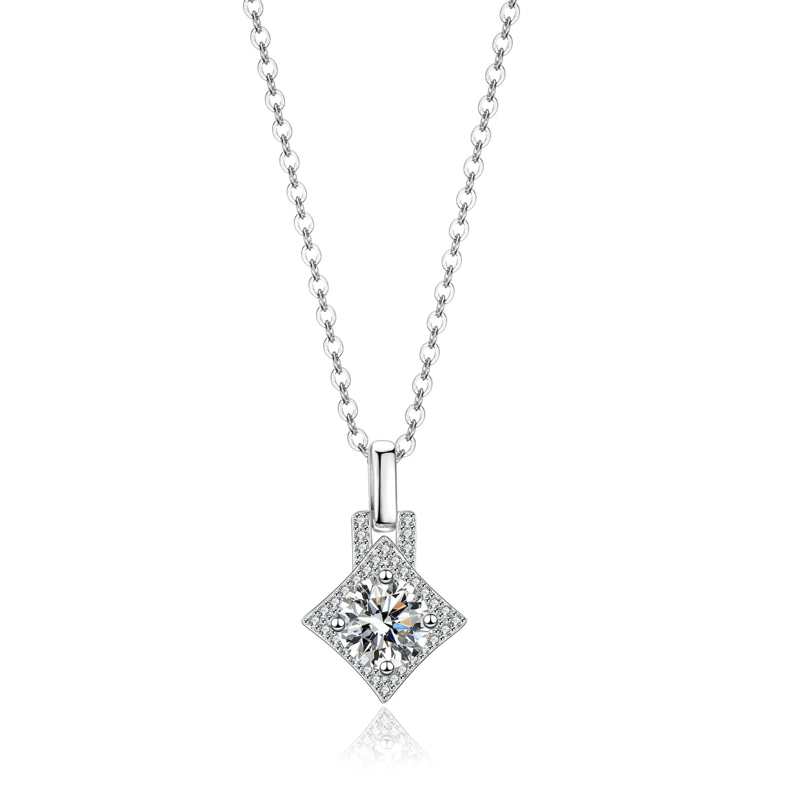 Naszyjnik 750 585 375 białe złoto z wisiorkiem, łańcuszek damski z białego złota 45 cm, zawieszka w kształcie czworoboka, 6,5 mm, moissanit 1 ct, łańcuszek 45 cm, na wesele dla kobiet
