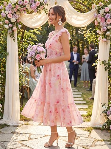 Image of GRACE KARIN Women's Summer Floral Maxi Dress 2026 Ruffle Sleeve Smocked Sundress Flowy Wedding Guest Long Dresses with Pocket