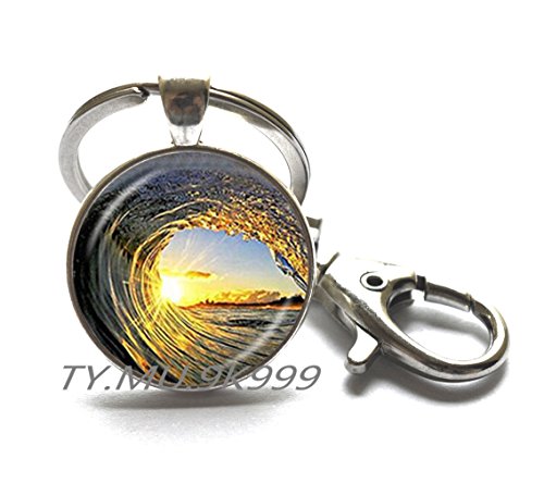 Preisvergleich Produktbild Schlüsselanhänger, Wellen- und Sonnenuntergang-Motiv, Surf-Surfschmuck, Surf-, Ozean-Schmuck, Surf-, Schlüsselanhänger, Glas-Cabochon.Y066