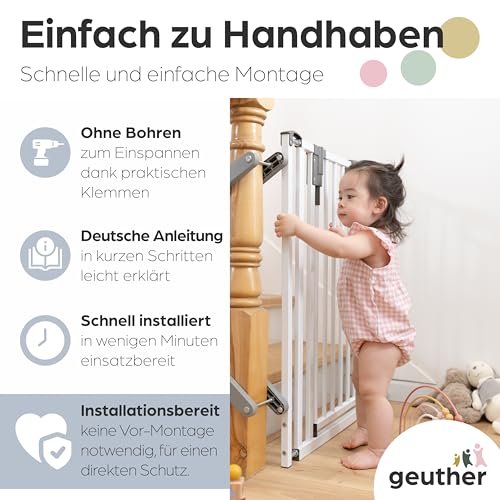 Geuther Treppenschutzgitter Easylock Plus | Türschutzgitter ohne Bohren inkl Klemmen | Breite 84,5-92,5 cm | Türgitter Baby Holz-Metall | Kinderschutzgitter beidseitig öffnend | Kindersicherung | Weiß